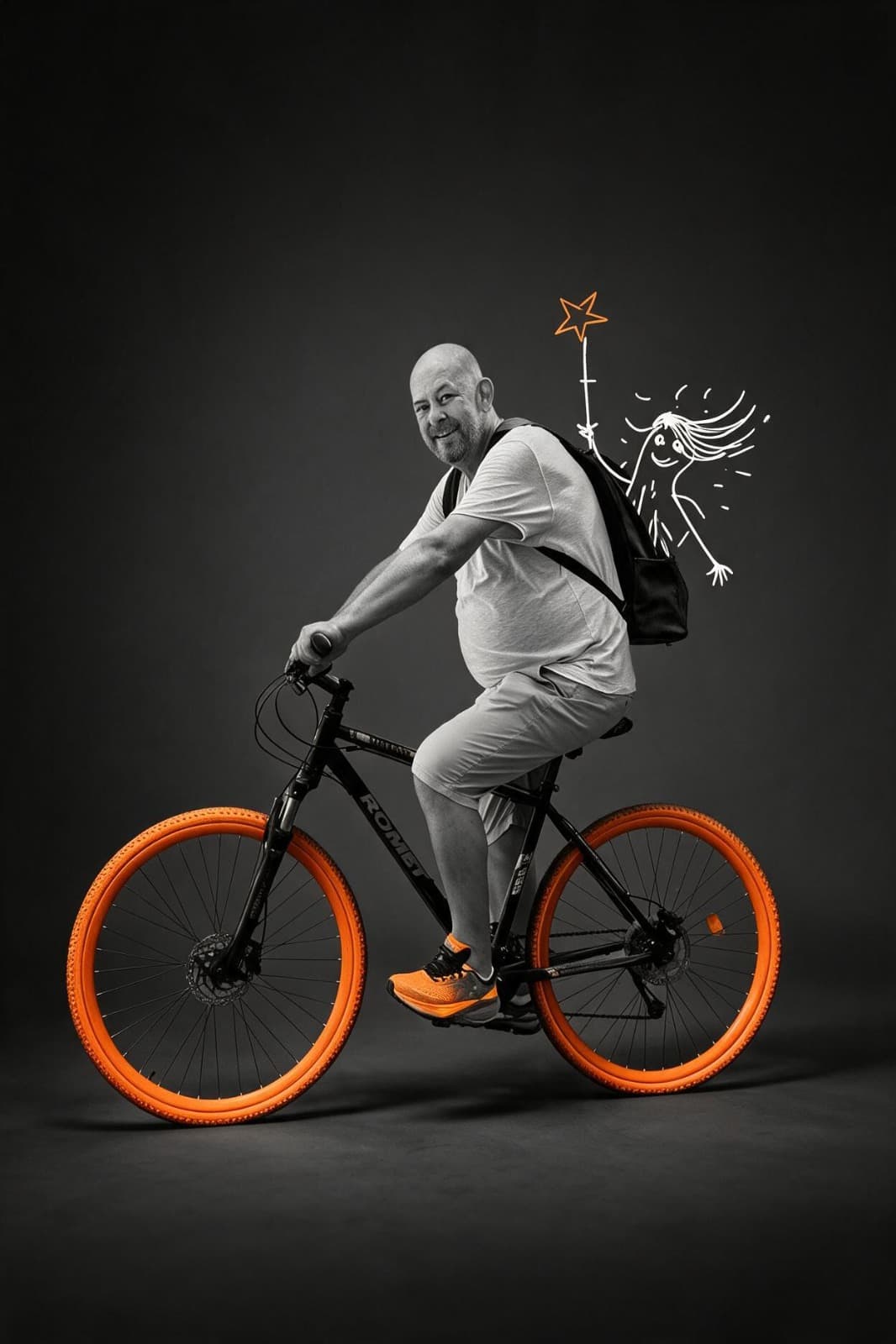 TGV-Media team member riding a bicycle with orange accents